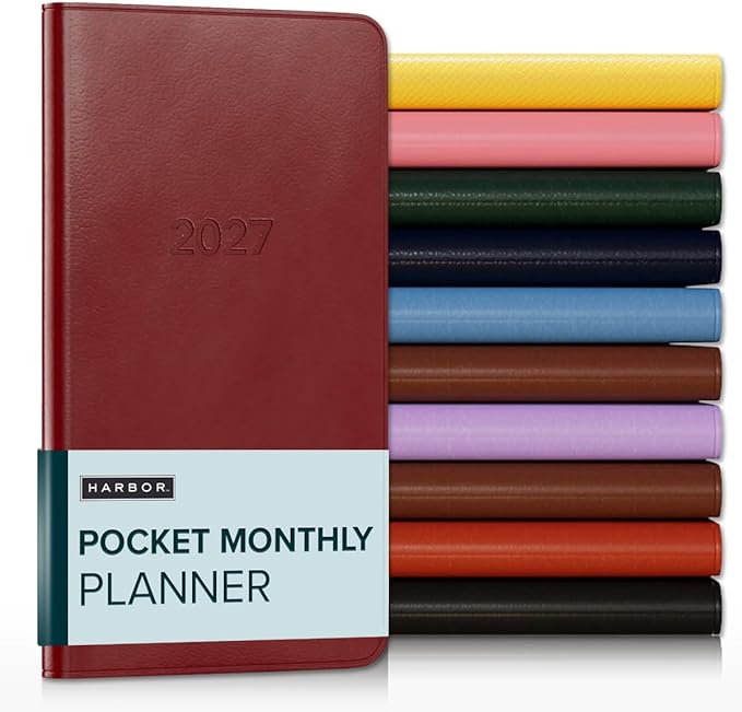 Harbor Pocket Monthly Planner 2027, Calendar Planner and Notebook, Durable Faux Leather, 18 Months, 96 Pages, Softcover & Lightweight - Cambridge Red - 6x3.25"
