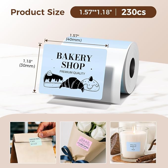 M110 Thermal Labels- 3 Color Thermal Stickers Compatible with M110/M100/M220/M250 Label Printer,1.57"*1.18"(40x30mm), 230 Labels/Roll, 3 Rolls Thermal Paper for DIY, Logo, Thanks, Khaki/Pink/Blue