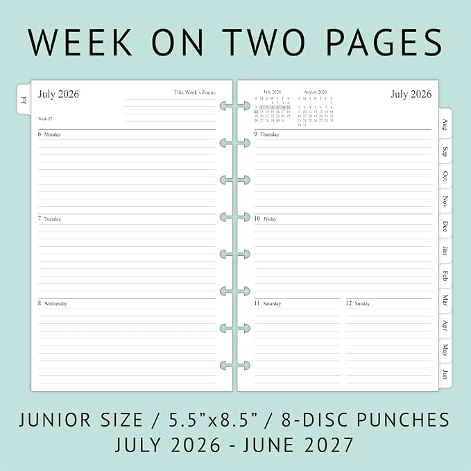 2026-2027 Weekly & Monthly Planner Refills for 8-Discbound Planners, July 2026 to June 2027, Junior Size, 5-1/2"x8-1/2"