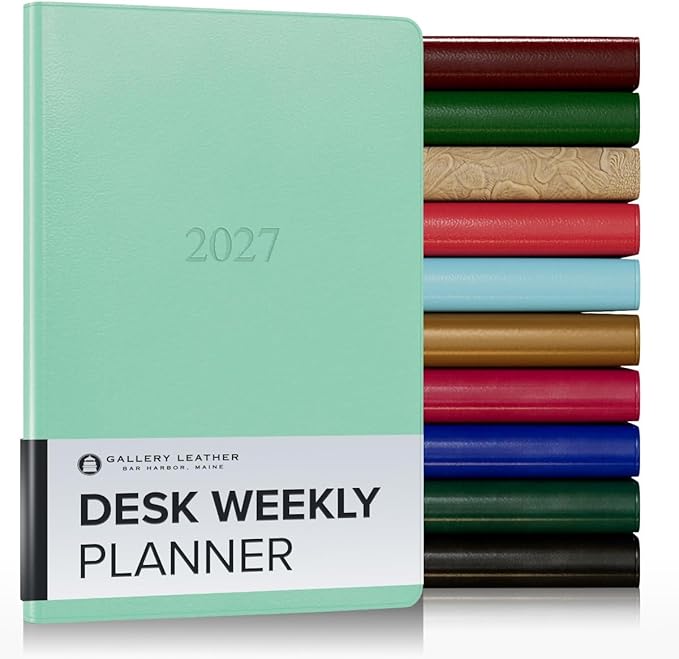 Gallery Leather Desk Weekly Monthly Planner 2027, Elegantly Bound Calendar Planner and Notebook with Stylish Gold-Gilded Page Edges, 12 Months - Caribbean Sea Glass - 8x5.5"