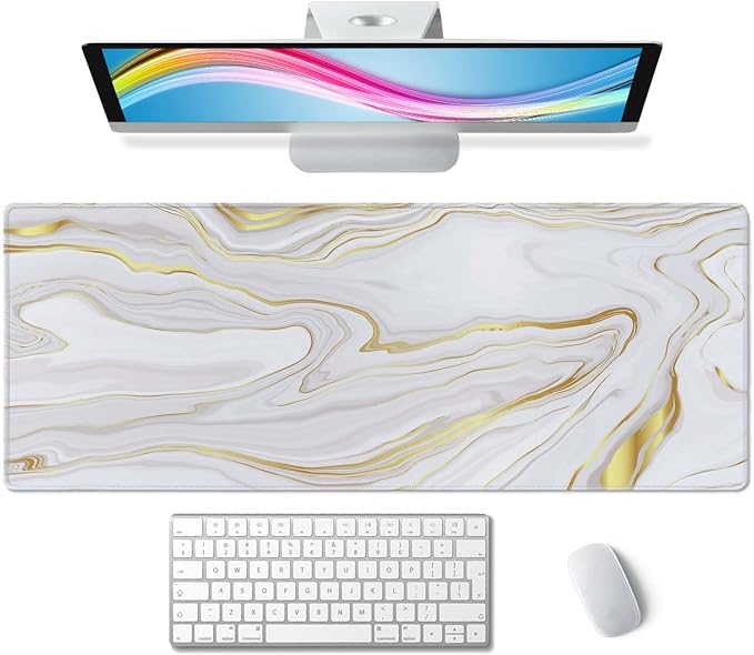 Marble Desk Pad White Gold Large Mouse Pad Gaming Mousepad Extended XL Keyboard Pad 31.5 x 11.8 in Laptop Computer Mouse Keyboard Mat for Office Desk Decor