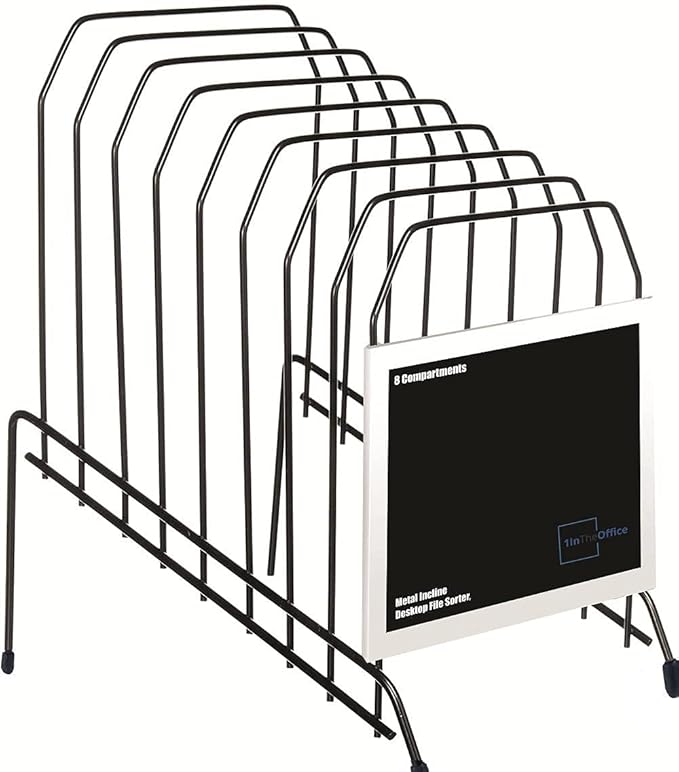 1InTheOffice Metal Desktop File Sorter Organizer, Inclined Letter Holder Rack for Mail, Documents & Folders, 8 Compartments