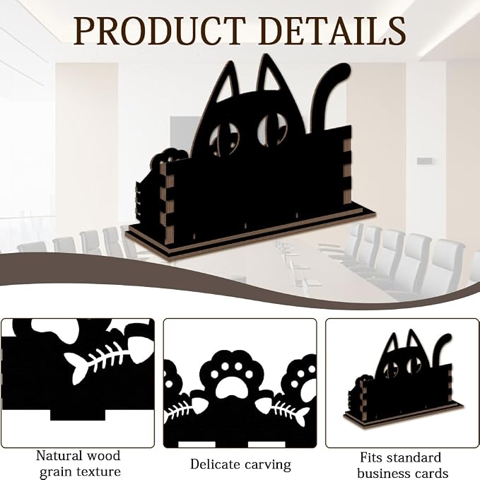 2Pcs Cute Cat Business Card Holder Desk Wooden Business Card Holders Cute Black Cat Name Postcard Organizer Display Stands for Office Desktop Home Shop Tabletop Decor 4.5" x 1.6" x 3.5"