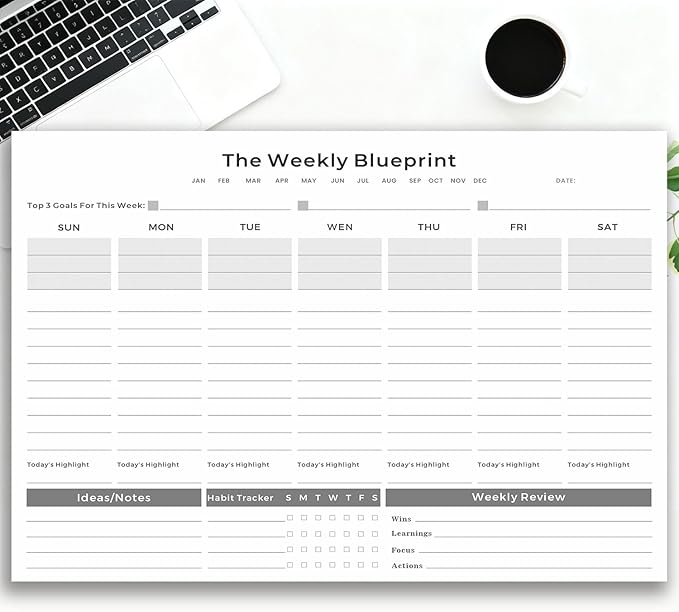 Undated Weekly Organizer & To Do List Notepad - Minimalist A4 52-Sheet Desk Planner for Work School & Family, ADHD Friendly Calendar for Deep Focus & Goal Tracking