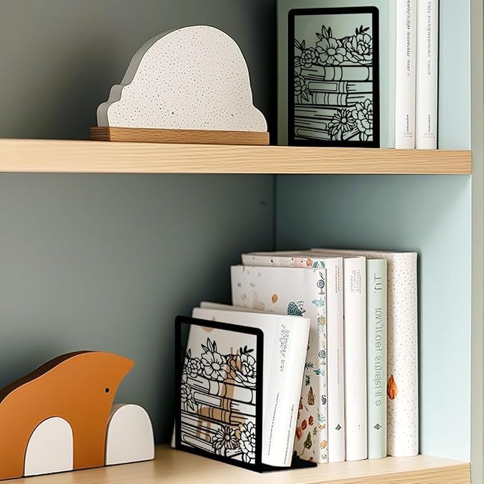 Flowers and Books Thickening Iron Metal Bookends for Shelves, Literary Flavor Book Ends Decorative Books for Home and Office Book Display, Desk Organizer Bookend for Library Decor