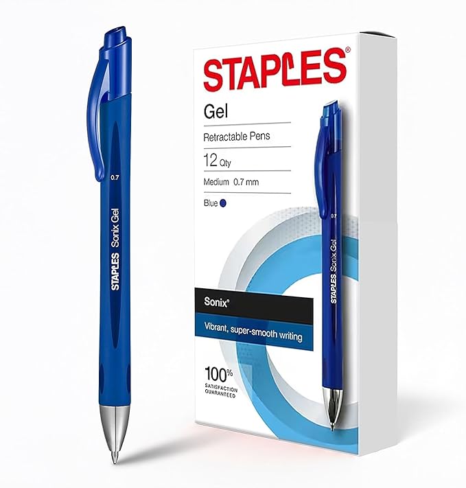 STAPLES Retractable Gel Pens, Medium Point 0.7mm, Blue Ink, 12 Pack – Sonix Smooth‑Writing Gel Pens with Rubberized Grip