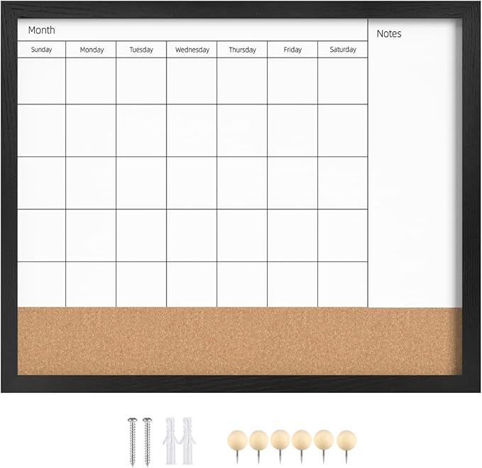 Dry Erase Calendar Whiteboard for Wall, 17.7" x 21.6" Combination Magnetic Dry Erase White Board & Bulletin Board, Black Frame Calendar/Cork Combo Board(BK-4555-B)