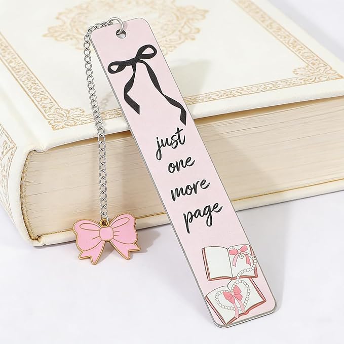 Pink Bowknot Stainless Steel Bookmark - Printed with Cute Bowknot Patterns & Equipped with Heart Pendants, Ideal for Female Readers, Perfect Birthday Gift for Girlfriends (Double-Sided A)