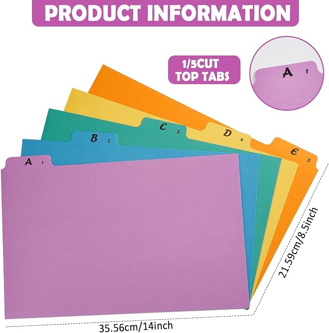1 Set A-Z Alphabetic and Number Top Label Files, Legal Size, 25 Sheets File Dividers 1/5 Cut Label File Cabinet Dividers Desk Organizer for Office, Home and School (Rainbow)