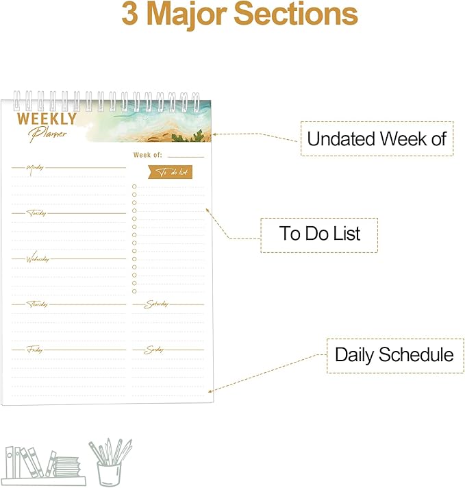 Weekly Planner Notebook, To Do List Notepad with 52 Undated Sheets 6.9"×9.8" - Weekly Organizer for Women & Man, Work, Study, and Daily Life, B5-KA