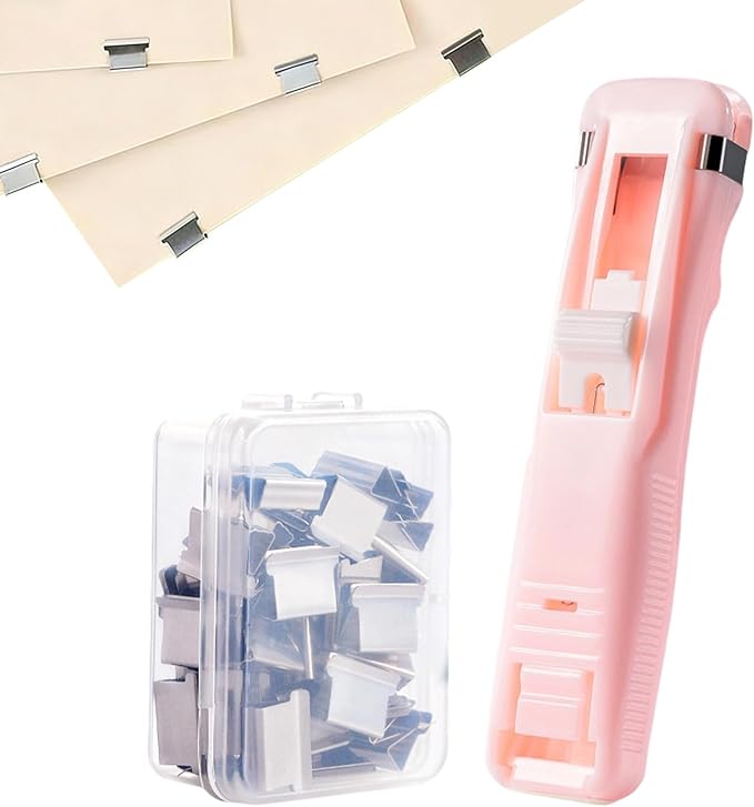 Clam Clip Dispenser - 50 Reusable Binders, Stackable Design, Punch Free Stapler, Reusable Push Stapler | Binder Clips Suitable for Home, School, Desk, and Office