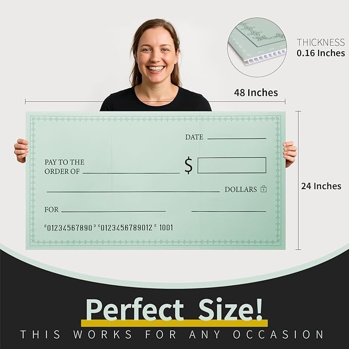 48 x 24 Inches Foldable Giant Check for Presentations, Dry Erase Big Blank Check, Large Fake Check, Oversized Checks for Fundraisers, Prizes, Awards,Retirement, Charity & Donation Events