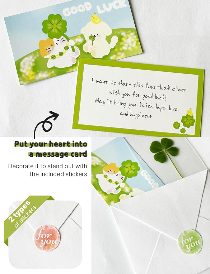 Genuine Real Four-Leaf Clover Bookmark, Elegant Four-Leaf Clover Bookmark, Smartphone, Wallet Coated Gift Thank You Card Four-Leaf Clover Gift (Cute Character Card)