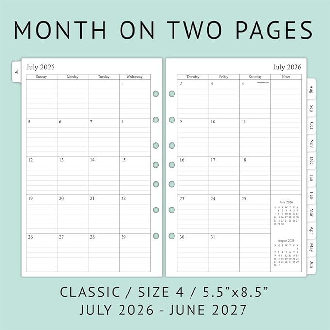 newestor 2026-2027 Planner Refill for Mini Binder, Weekly & Monthly, July 2026 - June 2027, 5-1/2" x 8-1/2", Desk Size 4, 7 Holes