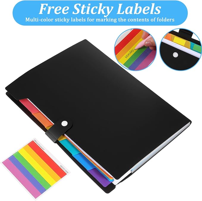10 Pack Expanding File Folders with Stickers, Accordion-File-Organizer 7 Pocket Folder Organizer, A4 Letter Size Portable Paper Document Bill Receipt Organizer