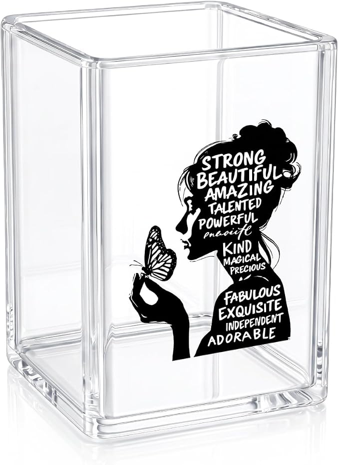 Inspirational Acrylic Pen Holder for Desk Strong Beautiful Amazing Woman Quote Clear Makeup Brush Holder Aesthetic Office Decor & Desktop Organizer, Motivational Gift for Women, Girl Boss