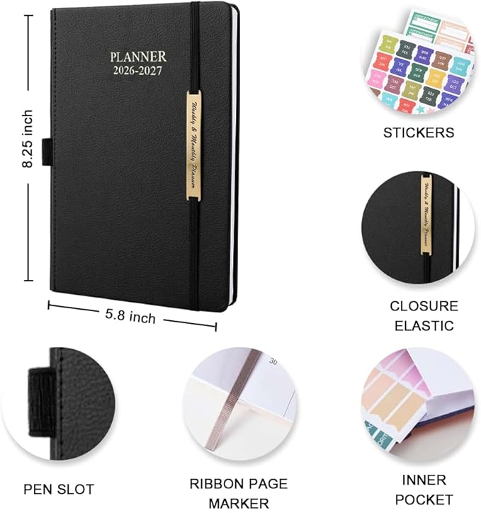 Cheericome Planner 2026-2027, Month Weekly Planner Run JAN 2026 to JUN 2027, 26-27 Planner with Pen Loop, Back Pocket and Stickers, 18 Months Planners, Black Monthly Planners 2026-2027