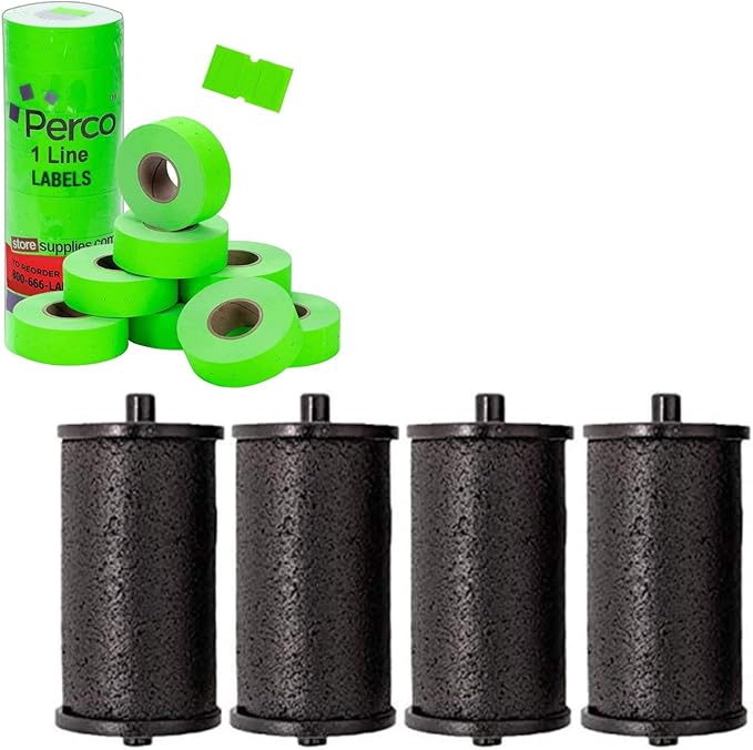 Perco Ink Roll for Perco Pro 1 Line & Perco Pro 2 Line Labelers (4 Pack) Bundle with Perco 1 Line Fluorescent Green Labels - 1 Sleeve, 8,000 Blank Pricing Labels for Perco 1 Line Price and Date Guns