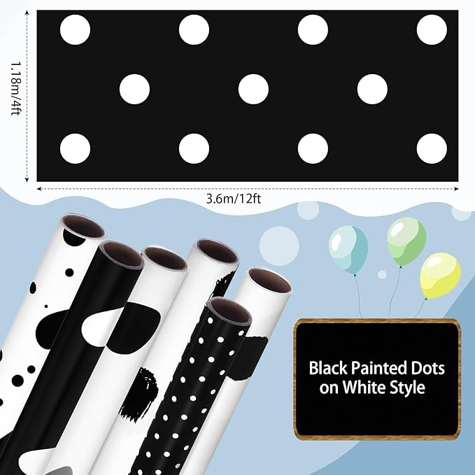 Skyygemm 6 Rolls Classroom Bulletin Board Paper Roll Polka Dot 4 x 12 ft Fade Resistant Colored Background Paper Bulk for Art Decor Drawing Craft(Black White)