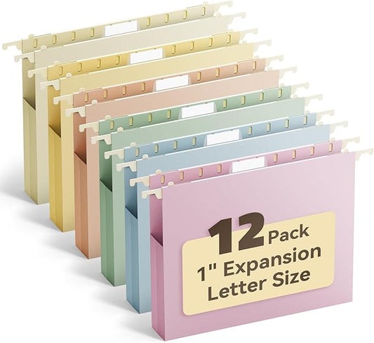 Ansook Plastic Hanging File Folders, Letter Size Hanging Folders with Heavy Duty 1" Expansion, 12 Pack Expandable File Folders Hanging for Filling Cabniet, Insertable 1/5-Cut Tabs - Assorted Colors