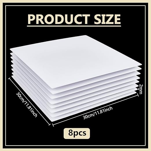 BENECREAT 8Pcs 12x12 Inch White Foam Boards, 2mm Square PVC Foam Sheet Poster Board for Mounting, Crafts, Art, Display, Presentation and Projects