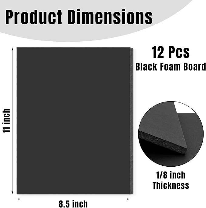 Golden State Art Foam Board 8.5x11-12 Pack - 1/8" Thick Black Poster Board Acid Free Foamboard for Paintings Prints, Art, Display, Crafts, Presentation and Projects