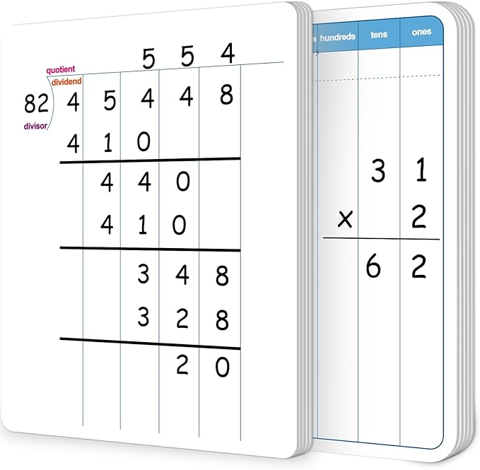 48 Pack Dry Erase Long Division Whiteboard for Kids Teaching Multiplication Double-Sided Cardboard Board Division Chart Portable Math Manipulatives Thickened Whiteboard Educational Tools 12" x 9"