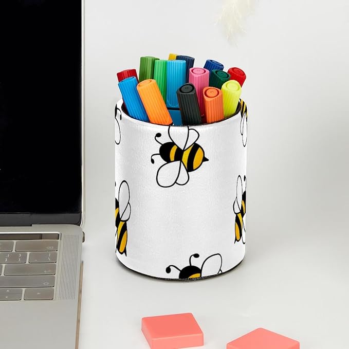 Flying Bees Pen Holder for Desk, Pencil Holder Desktop Organizers Stationery Supplies Storage, Cute Pencil Cup for Makeup Brush/Art Supplies, Office, Home, Leather