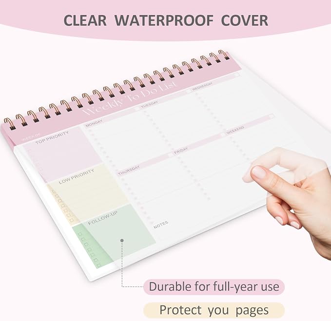 Weekly To Do List Notepad, 52 Sheets Undated Weekly Planner, 8.5"x11" Letter Size Horizontal Desk Pad with 100GSM Thick Paper, Twin-Wire Spiral Bound Tear Off Lined Organizer for Office Work, School & Home
