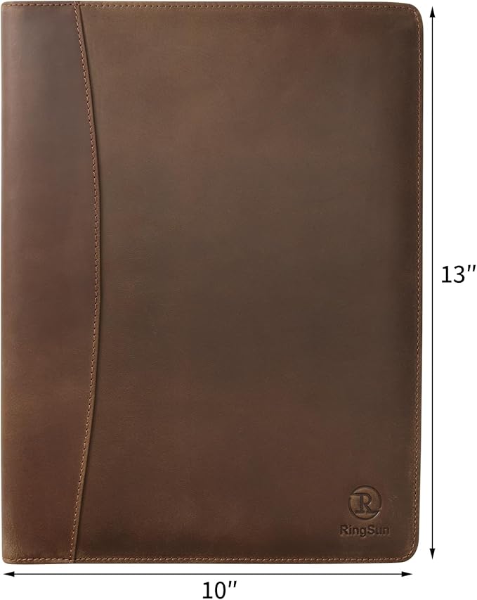 Ringsun Leather Portfolio Organizer for Men Women, Leather Padfolio Business Resume Legal Pad Portfolio Notebook Binder for A4/Pad, Leather Folio Leather Folder, Brown