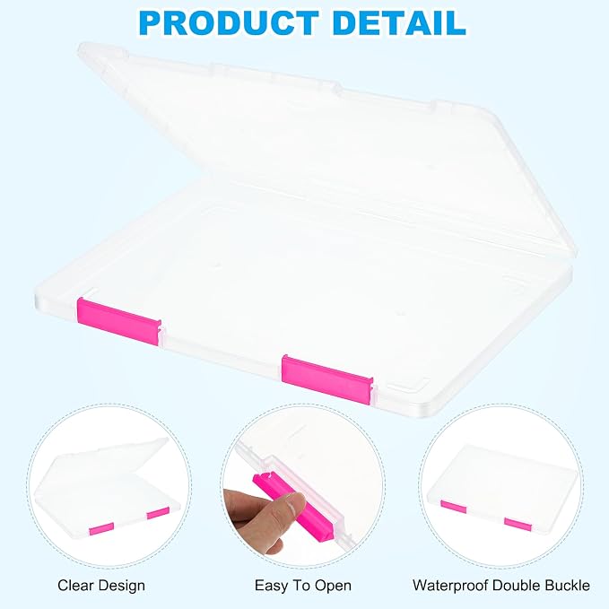 PATIKIL Clear A4 File Portable Project Case with Buckle Plastic Storage Box for 8.5" x 11" Letter Paper Scrapbook Paper Storage Boxes, 4Pcs, 12.2"x9.1"x0.8", Dark Pink
