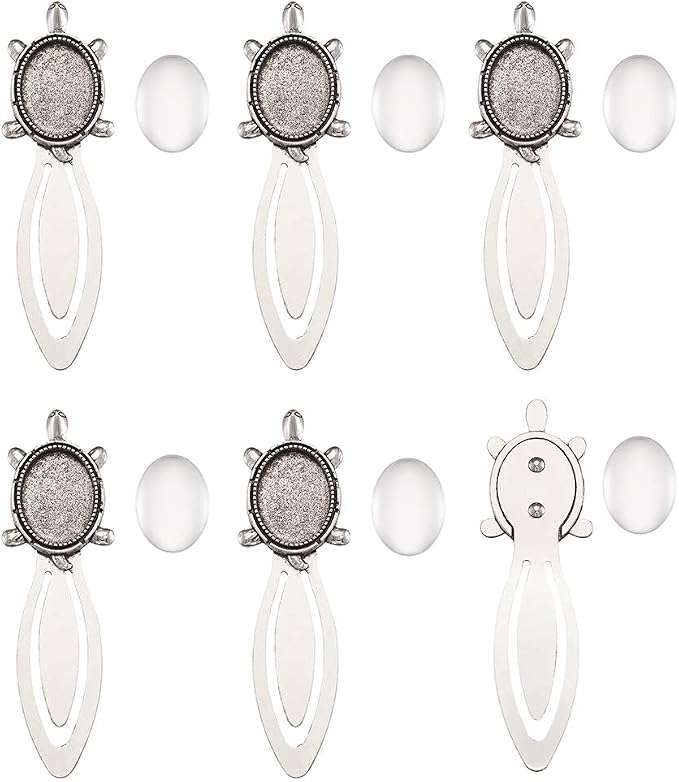 FASHEWELRY 20Pcs Antique Silver Bookmark Pendant Tray Kit Include 10Pcs 25x18mm Tortoise Oval Blank Bezel Base Setting Charms with 10Pcs Clear Glass Dome Tiles Cabochons
