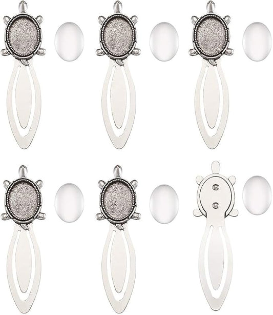 FASHEWELRY 20Pcs Antique Silver Bookmark Pendant Tray Kit Include 10Pcs 25x18mm Tortoise Oval Blank Bezel Base Setting Charms with 10Pcs Clear Glass Dome Tiles Cabochons