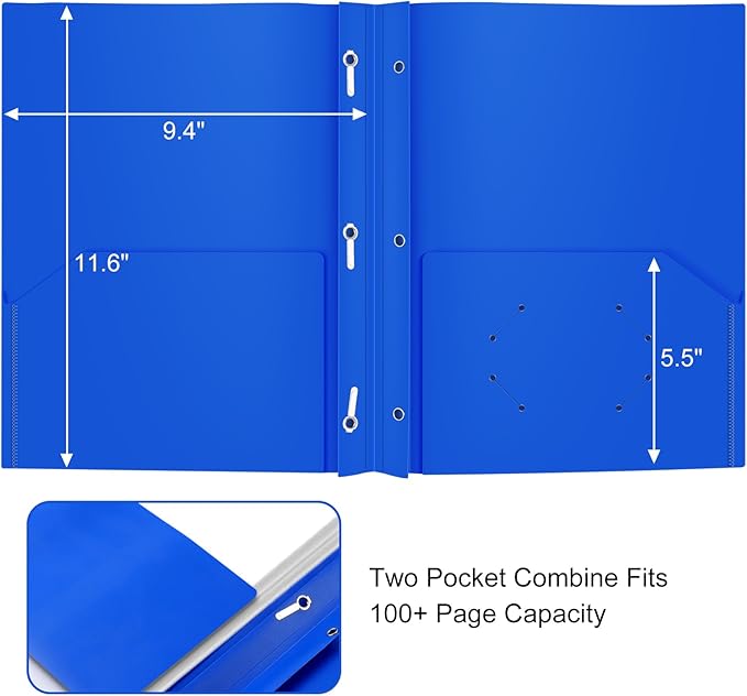 ViVin 12 Pack Plastic Folders with Pockets and Prongs, Heavy Duty 2 Pocket Folders with 3-Prong Fasteners, Poly File Holds 8-1/2" x 11" Paper for School Office Home (Blue)