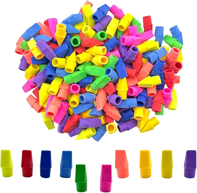 300 Pcs Pencil Top Erasers Bulk, 10 Assorted Bright Colors Chisel Shape Pencil Eraser Erasers Cap for Favors Games Prizes Pencil Top Erasers Home School Office