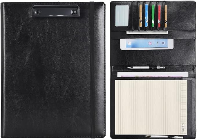 Wonderpool A4 PU Leather Clipboard Partfolio Notepad Forms Holders Document Case - Interview Planner Meeting Writing Padfolio File for Office Travel School Hotel Hospital (A4,Black)