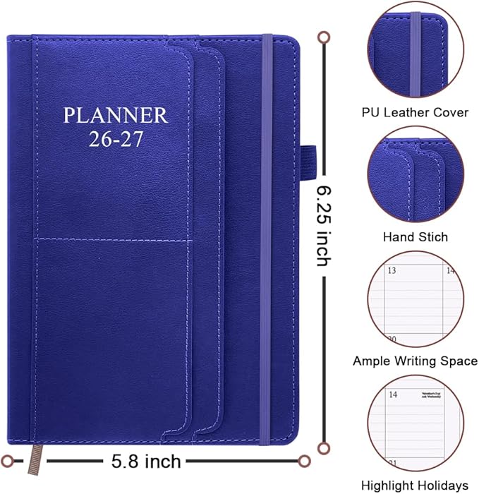 2026-2027 Planner - Weekly & Monthly Planner Runs from July 2026 to Dec 2027, 5.8" x 8.25", 18 Months Planners, 14 Notes Pages, Inner Pocket, PU Leather Hard Cover, Blue Monthly Planners 2026-2027