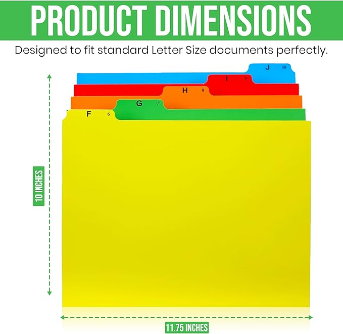 Iconikal A-Z Alphabetical Hanging File Folder Guide Dividers, Heavyweight 5 Color Coded Tabs, Letter Size 1/5 Cut Positions, Heavy Duty Office Organizers 5 Tabs Across