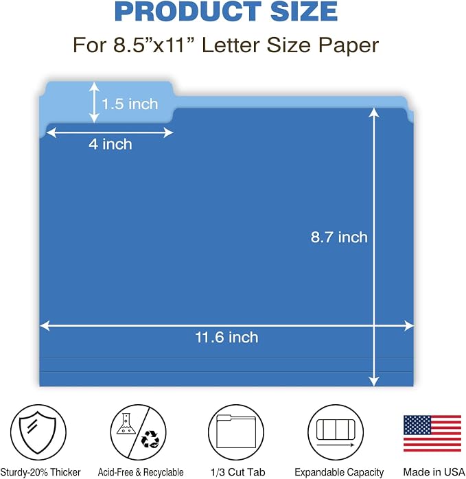 Blue Folders File Folders 100-Pack Letter Size 8.5" x 11" Blue Colored Folder with 1/3-Cut Tabs Durable Pressboard Folders for Office, School, Home, Business Filing Supplies, Made in USA