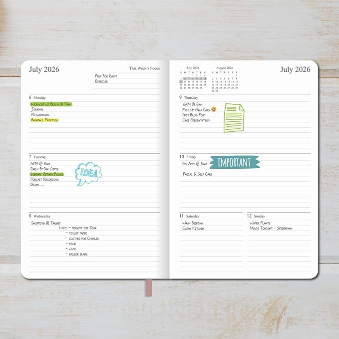 26-27 Academic Planner - Weekly and Monthly Planner, Jul 2026 - Jun 2027, Holidays, Contacts and Notes Pages, Vegan Leather Cover, Elastic Closure, 5.5”x8.25”, Rose Gold