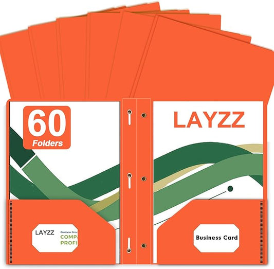 Two Pocket Folders with Prongs, LAYZZ 60 Pack Poly Plastic Folders, Heavy Duty Plastic Folders with Pockets and Prongs, Letter Size, for Offices and Schools (Orange)