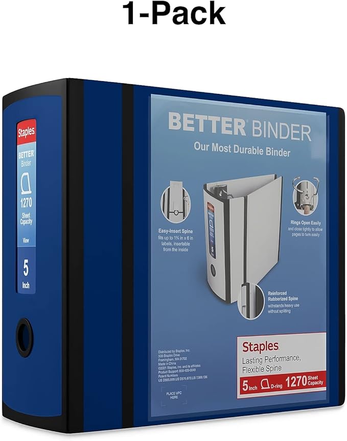 Staples Better Binder, 5" D‑Ring Heavy‑Duty View Binder, Blue, Reinforced Spine, High‑Capacity 3‑Ring Binder, Holds up to 1,000 Sheets