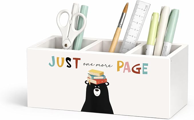 Just One More Page Black Bear 3-Compartment Desk Organizer, Wooden Pencil Holder for Pens, Pencils, Scissors & Rulers, Cute Reading Theme for Home, Kids, Office