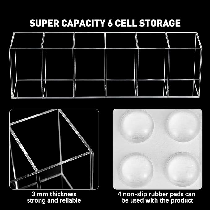 2 Pack Acrylic Makeup Brush Holder 6 Compartments Pencil Organizer Cup Pencil Holder for Desk Pen Organizer Storage Pen Holder for Accessories Cosmetic Brushes Office Bathroom Kitchen Supplies (Clear)