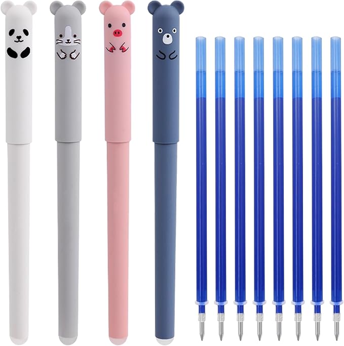 RIANCY 0.5mm Erasable Gel Pens,12 Pack Cute Cartoon Animal Rollerball Gel Ink Pens Refillable Pens for Adult Writing Calligraphy Note Taking (Refill Blue)