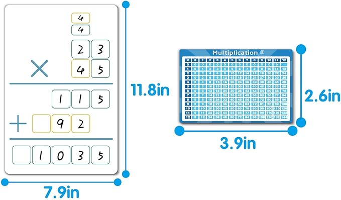 Set of Dry Erase Multiplication and Division Practice White Board, 8" x 12" 2-Digits Mathematics Board with a 4" x 2.5" Multiplication Chart Board for Kids Students, Classroom and Home
