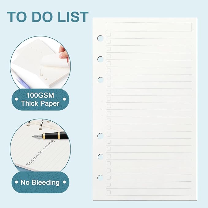 Toplive A6 Refill To Do List, 6 Holes Loose Leaf Paper, 160 Sheets Daily Planner Binder Inserts Lined Refill