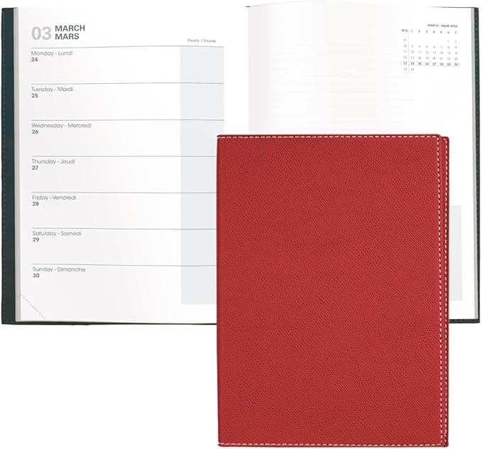 Quo Vadis 2026 Note - Bi-Lingual (EN/FR) - Weekly/Monthly Planner - 16 Months, Sept. 2024 to Dec. 2026 - 6" x 8 1/4" - Grained Faux Leather Club Red Cover - A Modern Design for Journaling and Detailed Planning