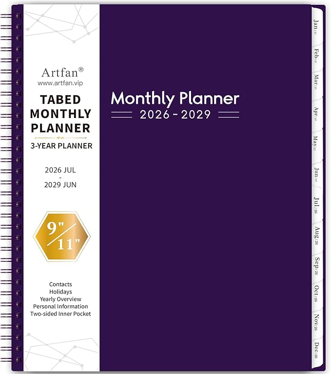 2026-2029 Monthly Planner - 3 Year Monthly Planner 2026-2029, Jul 2026 - Jun 2029, 9" x 11", 3 Year Calendar with Tabs - Purple