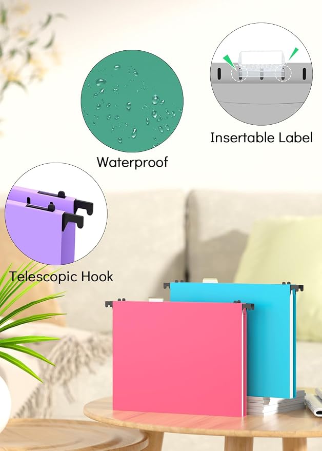 Extra Capacity Plastic Hanging File Folder, 12 Pack Reinforced Hang Folders Letter Size, Heavy Duty 1 Inch Expansion Filing Cabinet Folders, for Bulk Files, Medical Charts, Assorted Colors